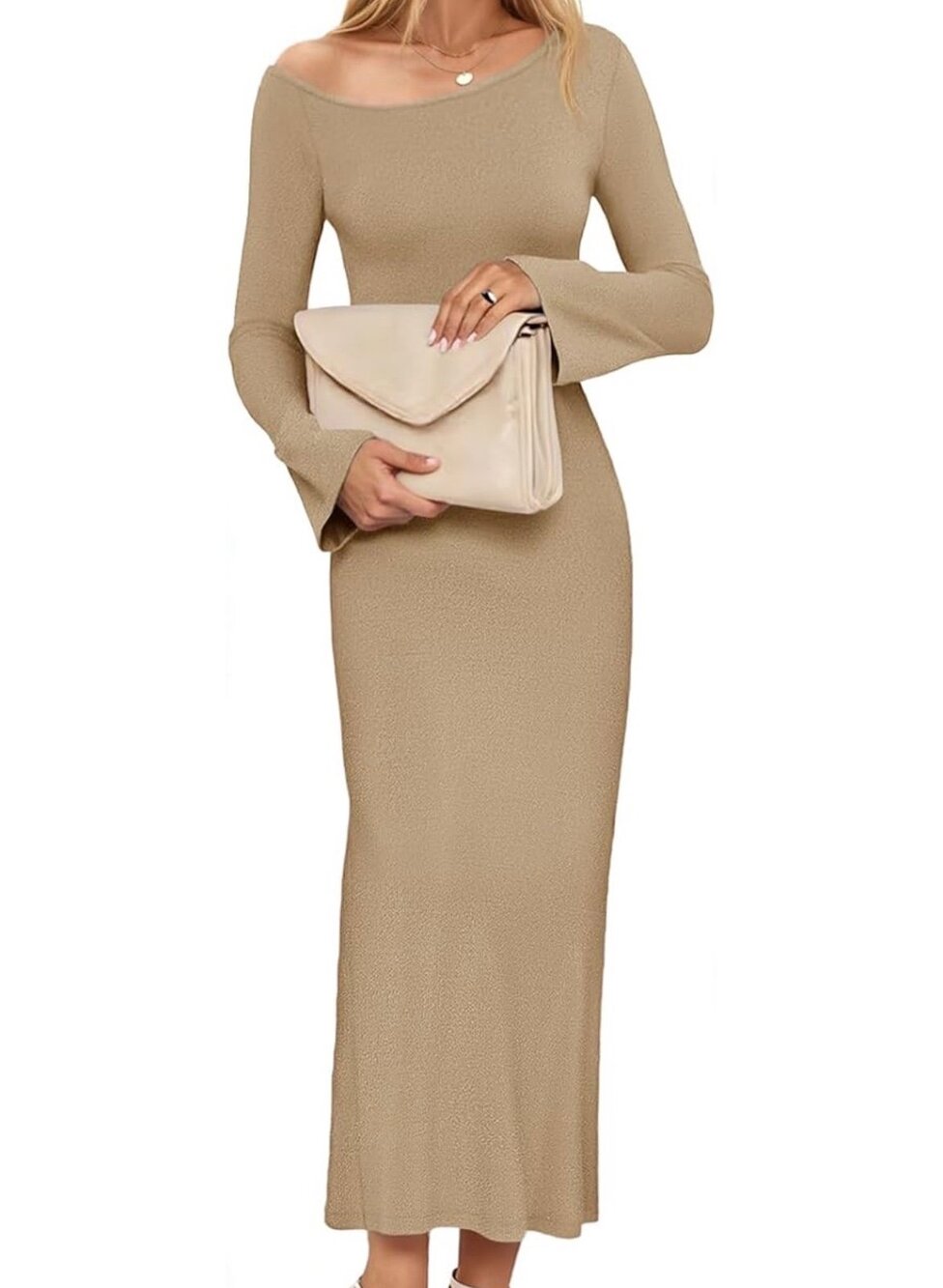 NWT Wenrine Women's Off Shoulder Bodycon Sweater Dress LS Formal Khaki Sz M